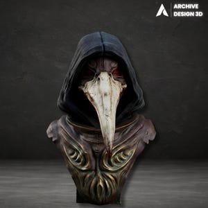 May include: A detailed bust of a plague doctor with a long, white beak mask and a dark hood. The mask has a distressed appearance with red accents. The bust features ornate, bronze-colored detailing on the chest and shoulders, with the text "ARCHIVE DESIGN 3D".