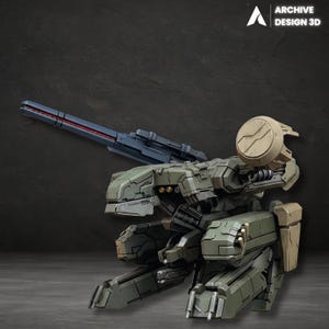 Puede incluir: Modelo detallado de un mecha de estilo militar en tonos verdes, grises y beige. El mecha presenta un gran cañón y una estructura circular en la parte trasera. El texto "ARCHIVE DESIGN 3D" es visible en la esquina superior derecha.