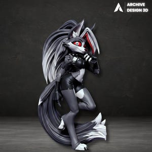 May include: A 3D-printed figurine of a wolf-like character with a black and gray color scheme. The figure has red eyes, a spiked collar, and is wearing a black outfit. The figure is posed in a dynamic stance, with the Archive Design 3D logo in the top right corner.