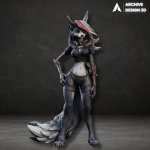 May include: A 3D-printed figurine of a wolf-like character with a black and gray color scheme. The figure has a red streak in its hair and is wearing a black outfit with red accents. The figurine is standing with one hand on its hip.