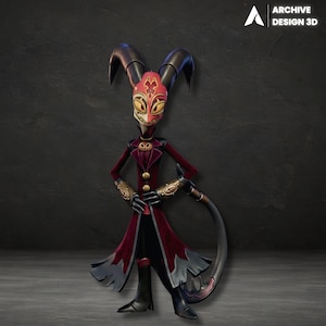 May include: A 3D rendered character with a red and black color scheme. The character has large black horns, a red mask with yellow eyes, and a long, dark red coat. The character is standing with arms crossed, and has a long tail.