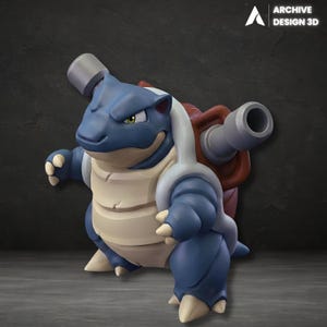 May include: A 3D-printed figure of a blue and white turtle-like creature with two large cannons on its back. The figure has a tan shell, a white collar, and a red shell. The figure is standing on a gray surface. The text "ARCHIVE DESIGN 3D" is in the upper right corner.