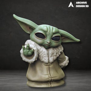 May include: A 3D-printed figurine of a character with large ears and a green complexion, wearing a tan coat with a white fur collar. The figurine is posed with one hand raised. The text "ARCHIVE DESIGN 3D" is in the upper right corner.