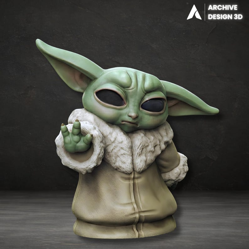 May include: A 3D-printed figurine of a character with large ears and a green complexion, wearing a tan coat with a white fur collar. The figurine is posed with one hand raised. The text "ARCHIVE DESIGN 3D" is in the upper right corner.