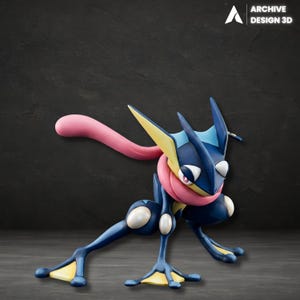 May include: A blue and black figurine of a Pokemon character with yellow accents on its feet and head. It has a pink tongue-like scarf and white spots. The figurine is in a crouching pose. The text "ARCHIVE DESIGN 3D" is in the upper right corner.