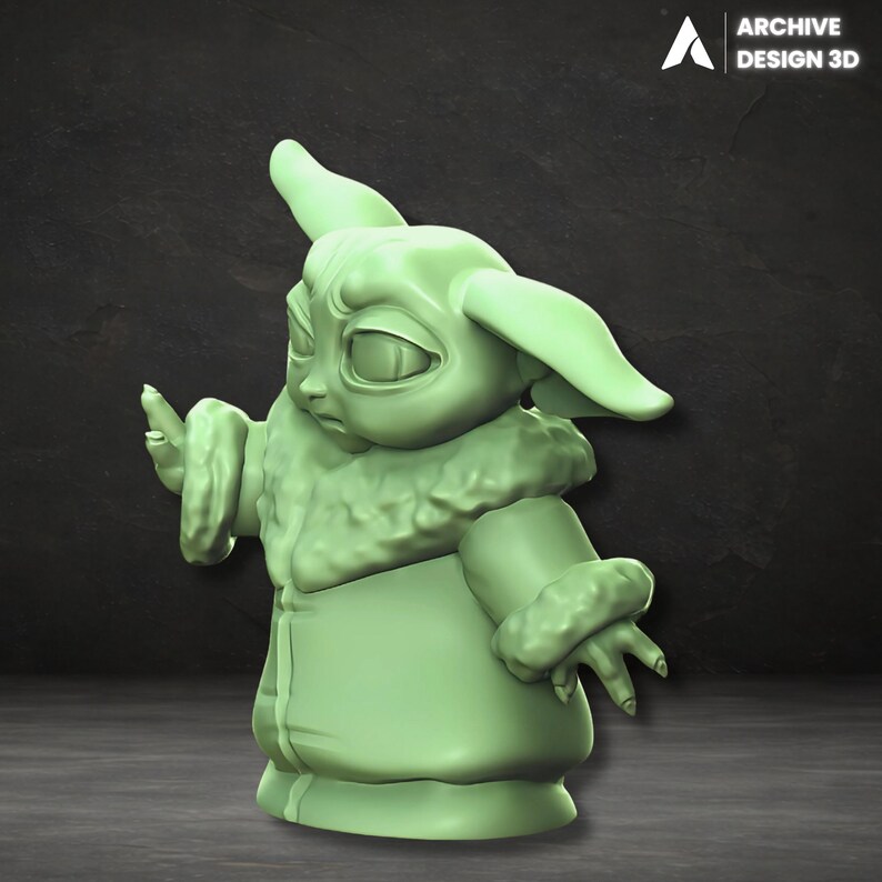 May include: A light green 3D-printed figurine of a character with large ears and a fur-lined coat. The figurine is in a pose with one hand raised and the other at its side. The Archive Design 3D logo is in the upper right corner.