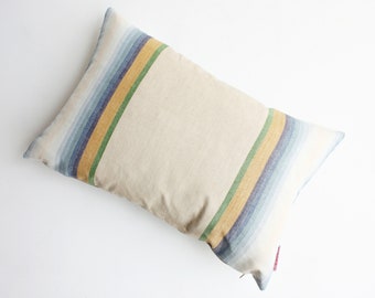 Yellow and blue striped linen cushion