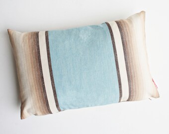 Blue and oatmeal striped linen cushion