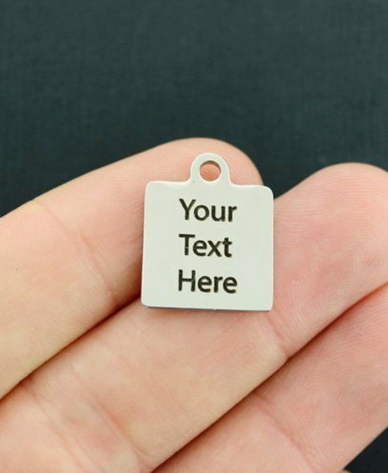 Quantity Options Custom Charm Add On Choose Your Font Laser Engraved Silver Square Personalized Stainless Steel Charm