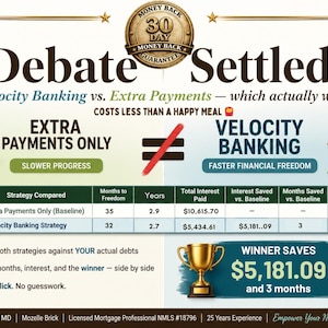May include: An infographic titled "Debate Settled" compares Velocity Banking to Extra Payments. The graphic includes a table showing interest saved, months saved, and a winner's trophy. Text includes "Faster Financial Freedom" and "Slower Progress."
