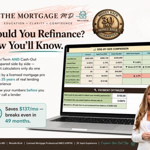 May include: An advertisement for The Mortgage M.D. features a laptop displaying a side-by-side comparison of loan options. The ad includes text about refinancing, a money-back guarantee, and a woman in a white blazer. The ad highlights savings and experience.