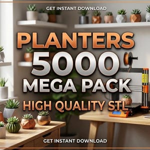 May include: An image showcasing a variety of planters with succulents, arranged on shelves and tables. The image includes the text "PLANTERS 5000 MEGA PACK HIGH QUALITY STL" and a laptop displaying a 3D model. The scene is well-lit, highlighting the different planter designs.