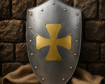 Medieval Crusader Shield with Brass Cross Knight Templar Decor| Metal Wall Shield Handmade Armor Replica Gothic Home Decor Cosplay Prop Gift