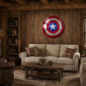 Pu&ograve; includere: Uno scudo di Captain America, rosso, bianco e blu con una stella bianca al centro, &egrave; appeso a una parete di legno. Sotto c'&egrave; un divano beige. La stanza ha un'atmosfera rustica, tipo baita, con camino e librerie.