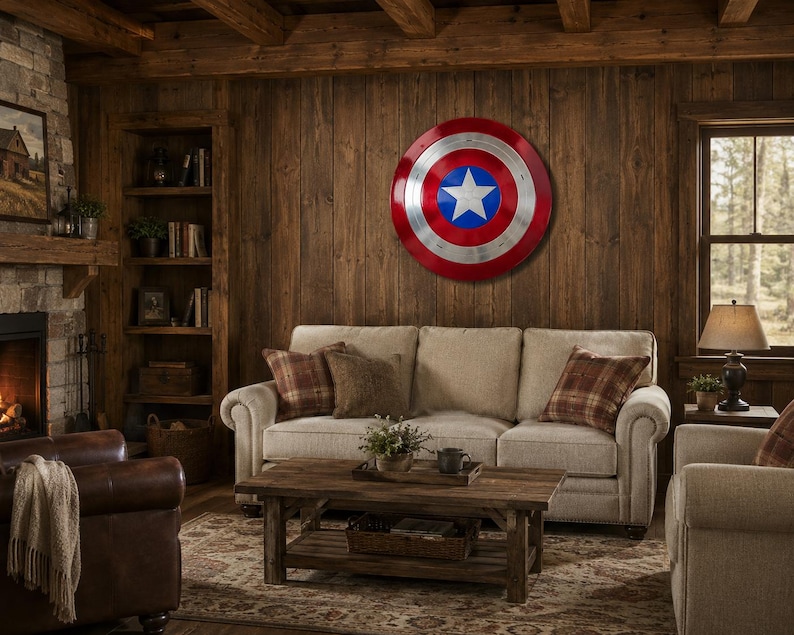 Pu&ograve; includere: Uno scudo di Captain America, rosso, bianco e blu con una stella bianca al centro, &egrave; appeso a una parete di legno. Sotto c'&egrave; un divano beige. La stanza ha un'atmosfera rustica, tipo baita, con camino e librerie.