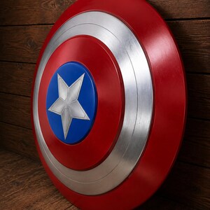 May include: A red, white, and blue shield with a star emblem. The shield has a circular design with a red outer ring, a silver middle ring, and a blue center with a white star. The shield is leaning against a wooden surface.