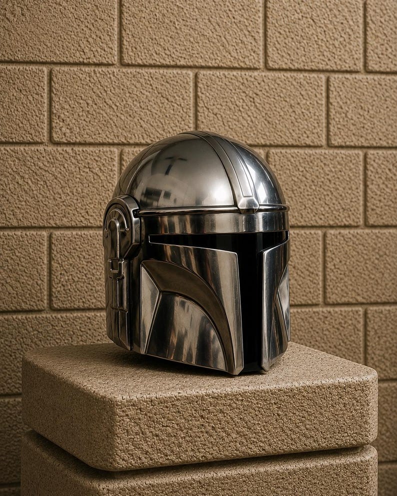 K&ouml;nnte beinhalten: Ein gl&auml;nzender, silberner Mandalorianer-Helm mit einem schlanken, kantigen Design. Der Helm hat eine abgerundete Oberseite, ein Visier und detaillierte Seitenteile. Er wird auf einer strukturierten, hellbraunen Oberfl&auml;che vor einer Backsteinmauer pr&auml;sentiert.