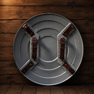 May include: A silver-colored, round shield with brown leather straps and buckles. The shield has concentric circular ridges and is mounted on a wooden surface. The design suggests a historical or fantasy theme.