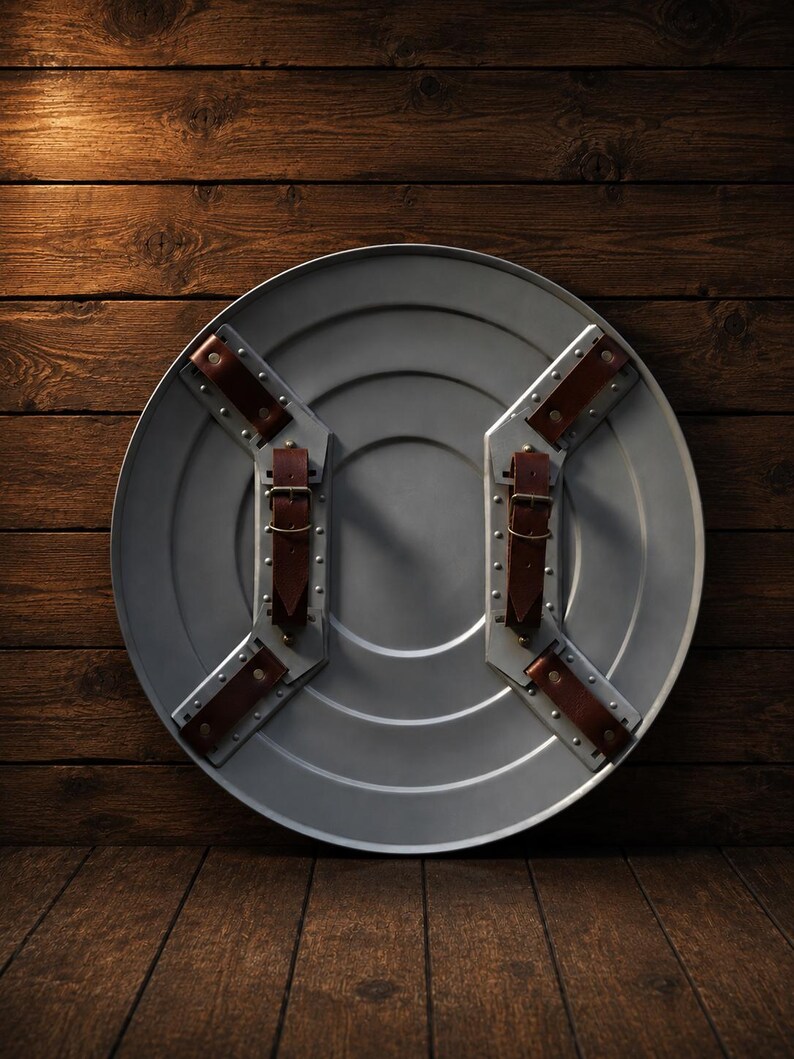 May include: A silver-colored, round shield with brown leather straps and buckles. The shield has concentric circular ridges and is mounted on a wooden surface. The design suggests a historical or fantasy theme.