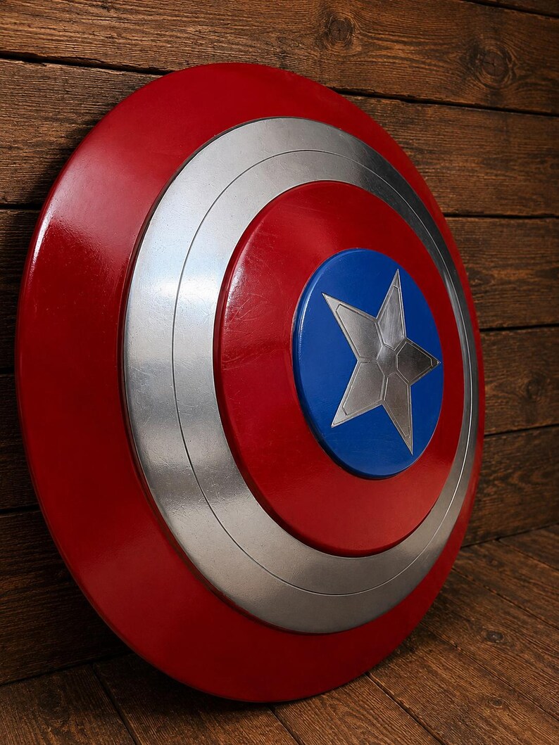 May include: A red, silver, and blue shield with a star emblem. The shield has a circular design with concentric rings of red, silver, and blue. A silver star is centered on the blue circle. The shield is displayed against a wooden background.