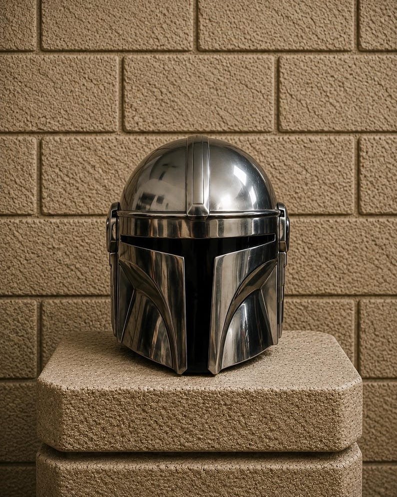 K&ouml;nnte beinhalten: Ein polierter, metallischer Mandalorianer-Helm mit einem markanten T-f&ouml;rmigen Visier. Der Helm wird auf einem strukturierten, hellbraunen Steinblock vor einer Backsteinmauer pr&auml;sentiert. Die Oberfl&auml;che des Helms reflektiert das Licht.