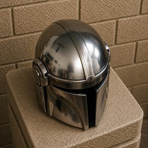 K&ouml;nnte beinhalten: Ein gl&auml;nzender, silberfarbener Helm mit einem markanten Visier und einer abgerundeten Oberseite. Der Helm hat detaillierte Rippen und eine glatte, reflektierende Oberfl&auml;che. Er liegt auf einer strukturierten, beigefarbenen Oberfl&auml;che.