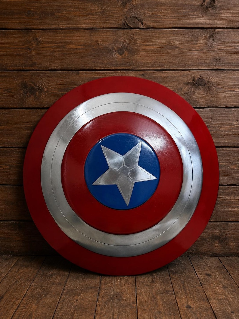 May include: A round shield with a red outer ring, a silver inner ring, and a blue center with a silver star. The shield is set against a wooden background.