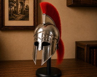 Medieval Greek Corinthian Helmet With Red Plume| Ancient Greek Warrior Armor Helmet | Medieval Costume & Cosplay Decor