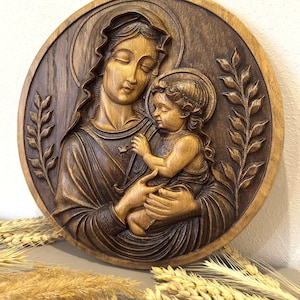 Relieve de madera de la Virgen María con el Niño – Arte religioso para pared – Icono cristiano – Regalo católico – Placa decorativa espiritual para el hogar hecha a mano