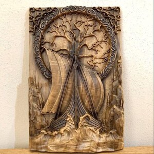 Viking Ship Tree of Life Wood Carved Wall Art, Oak Norse Mythology Gift for Men, Yggdrasil Drakkar Pagan Decor, Scandinavian Wood Carving