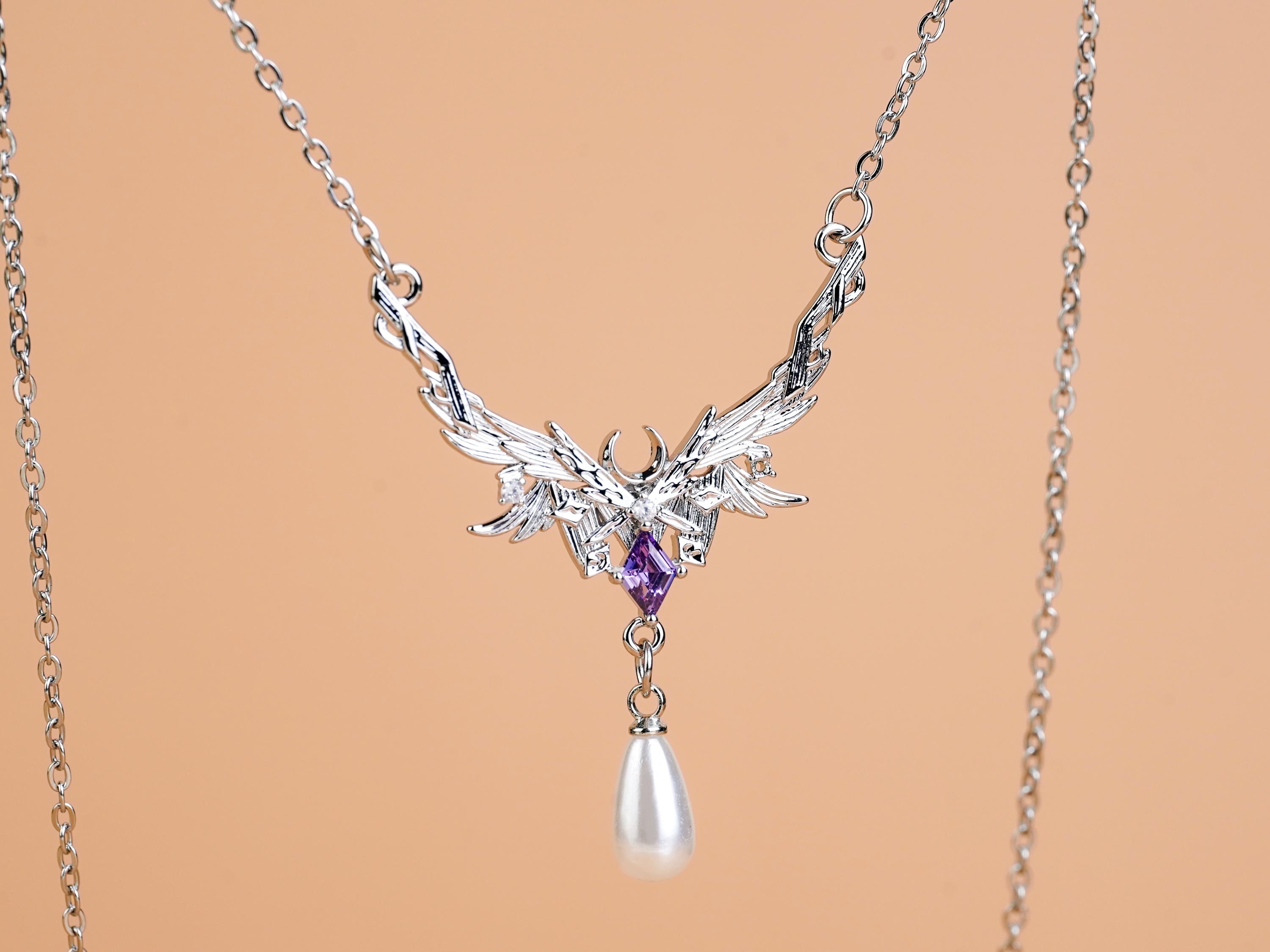 Genshin Impact Columbina Necklace, Silver Wing Pendant with Purple Zircon, Pearl Drop Chain, Anime Game Jewelry Gift