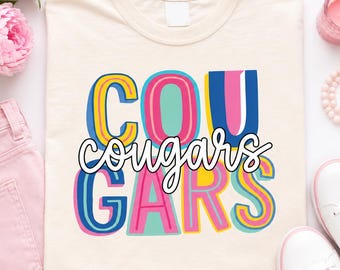 Cougars Mascot Shirt, Colorful Retro School Spirit Tee, Cute Coquette Team Shirt, Game Day Gift For Girls