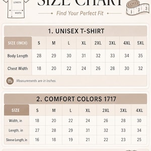 May include: A size chart for apparel featuring two tables. The first table lists body length and chest width in inches for unisex t-shirts from sizes S to 5XL. The second table lists width, length, and sleeve length in inches for Comfort Colors 1717.