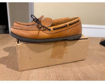 LL Bean Mens Tan Leather Boat Shoes Moc Toe Loafers 11 W 7040428