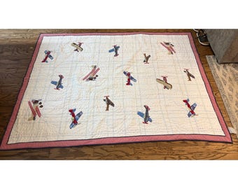Pottery Barn Kids Twin Quilt Airplane Cotton Blue Back Vintage Planes
