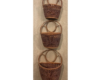 Vintage rieten wandmanden set van 3 in elkaar passende hangende opbergmanden van rotan, boho decoratie