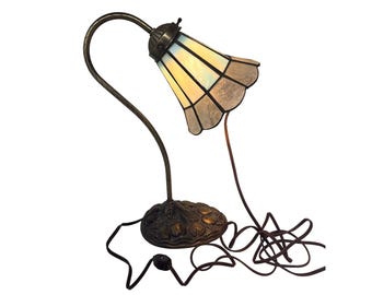 Vintage Tiffany Style Desk Lamp Stained Glass Shade Fruit Base Art Nouveau Brass