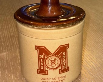 Tarro de cerámica vintage de Mississippi State Dairy Science con tapa, 10 cm (4 pulgadas), MSU