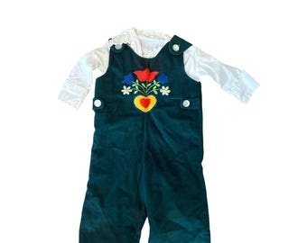 Peter Piper Vintage 70s 2T Romper JonJon 2pc Conjunto bordado floral EUC