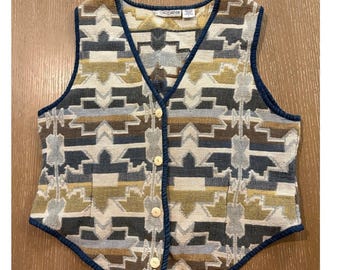 Vintage Chrysantheme Womens Large Cotton Button Vest Geometric Aztec Biege Blue