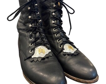 Justin Womens Black Leather Lace Up Kiltie Westernstiefel Pferd Akzente 8.5 C USA