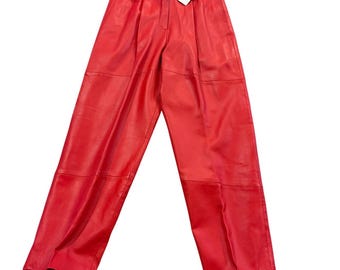 Pantalones de cuero rojo vintage Marco Gianni Melgio Moda D'Italia para mujer, talla 10, plisados.