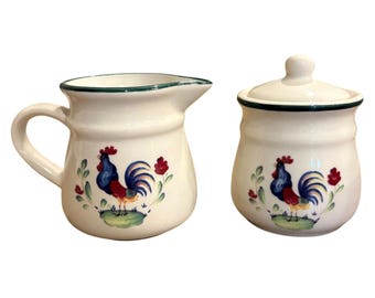 Zestaw International Tableworks Rooster Stoneware Creamer & Covered Sugar Bowl