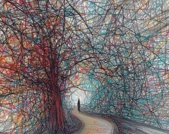 Abstract Path Sketch Print: Moody Figure Walking, Textured Wall Art