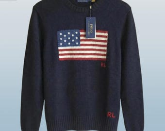 Authentic Ralph Lauren Navy Blue US Flag Sweater | Men’s Knit Crewneck