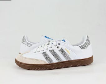 Custom Silver Glitter Sneakers, White Samba Style Shoes, Personalized Women Sneakers, Comfortable Casual Footwear