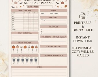 May include: A beige Halloween habit and self-care planner page featuring sections for habits, sleep, movement, gratitude, mood tracking with pumpkin icons, water intake with glass icons, and notes, decorated with small pumpkins, bats, and stars.