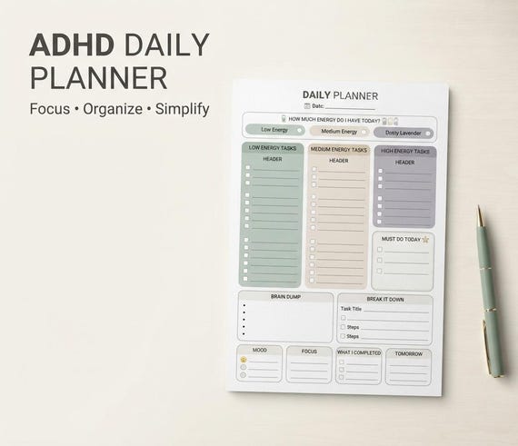 ADHD Energy Planner Energy Based Daily Planner for Adults and Teens Digital Download