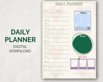 May include: A daily planner page with a cream background featuring a light pink heart pattern. The layout includes a time and task column, a blue notes box, a dark green circular goals section, and three purple frames for priorities with small icons.