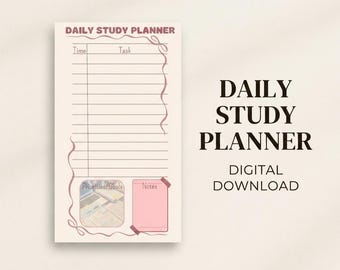 May include: A daily study planner template featuring a cream background with a pink decorative border. The layout includes columns for time and task, a section for priorities and goals with a small image, and a pink box labeled notes.